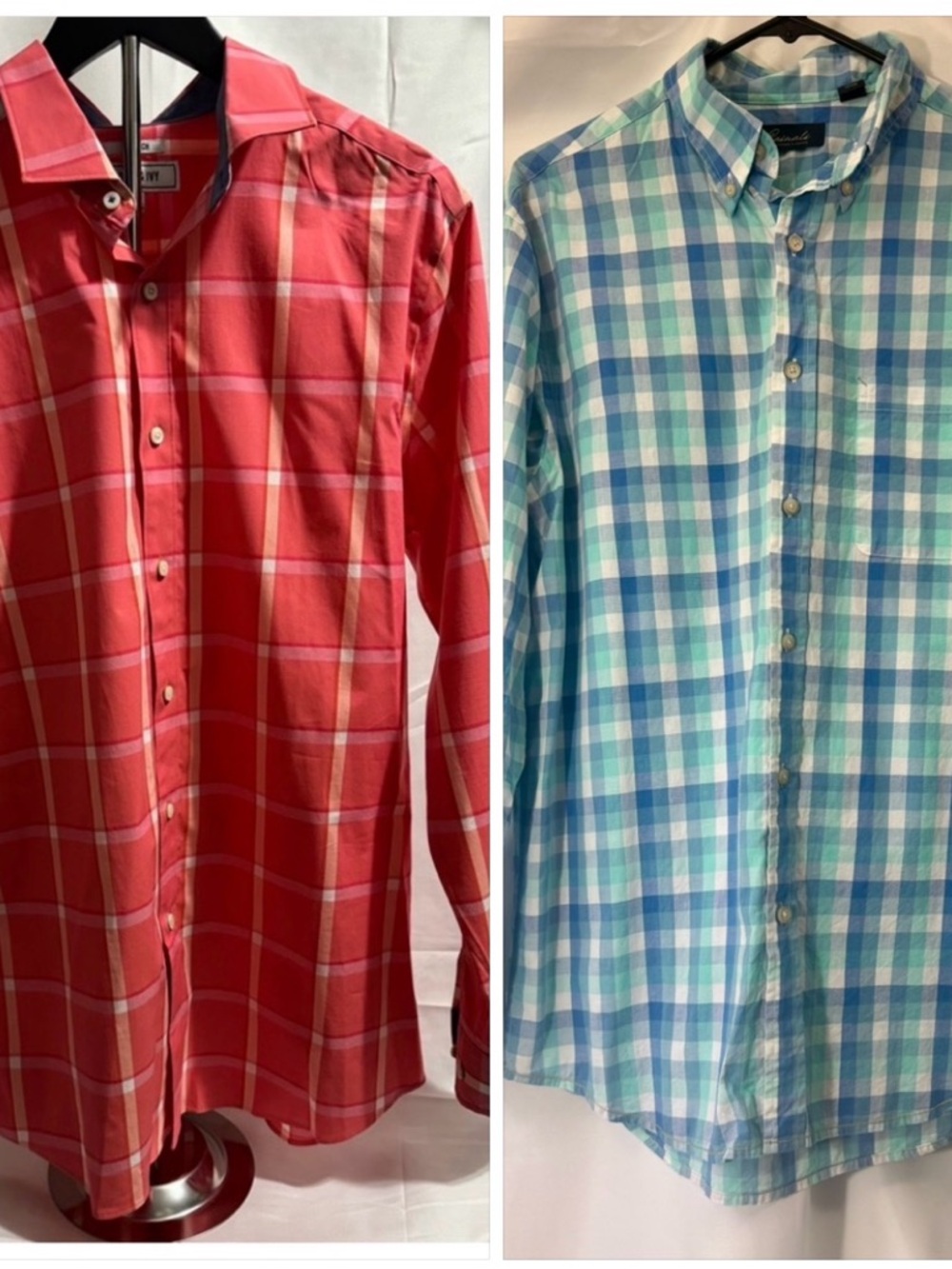 2 Men’s Plaid Shirts Crown & Ivy Stretch Coral Roundtree & Yorke Blue Plaid Sz M